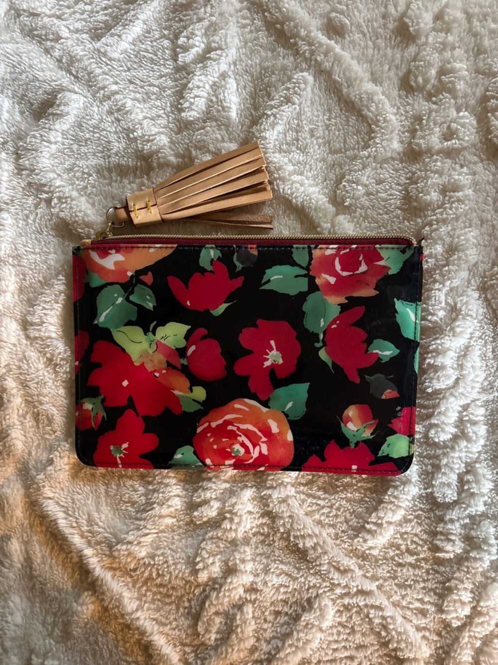 Floral Zip Pouch in Black with Red & Green Accents